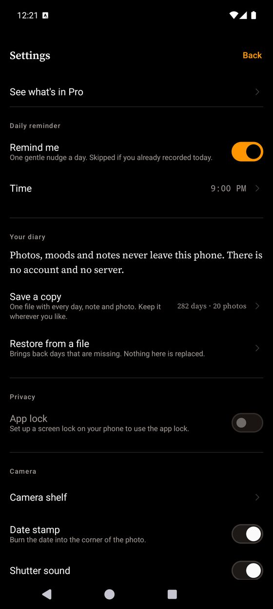 Settings: the privacy line